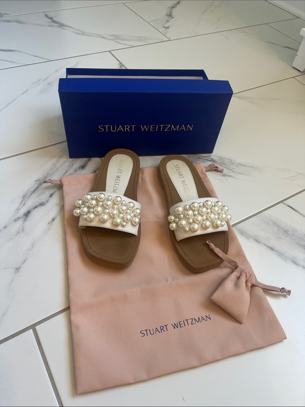 Stuart Weitzman White Pearl-Embellished Slide Sandals with Tan Footbed